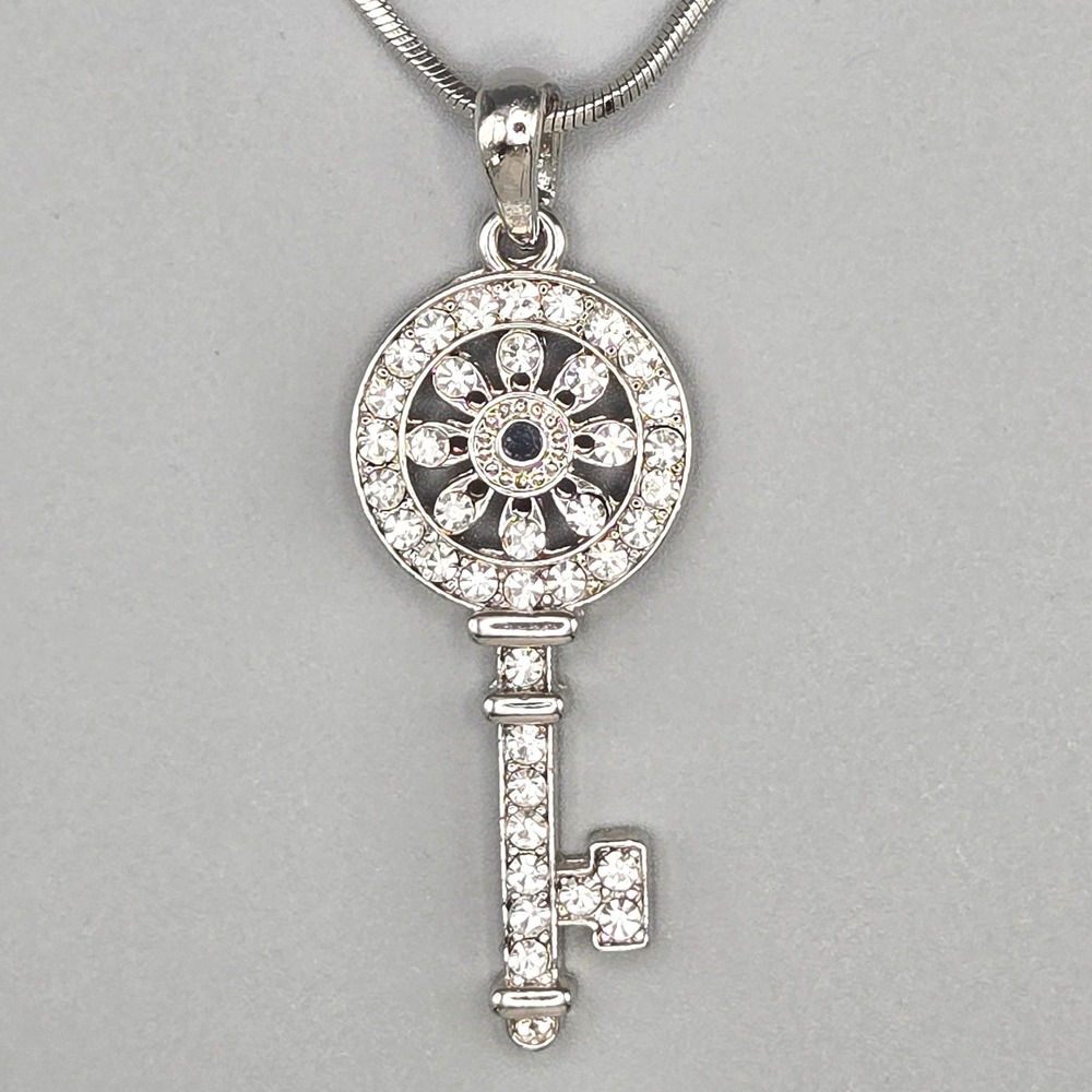 Crystal Skeleton Key Pendant Necklace Floral Silver Tone Snake Chain Adjustable